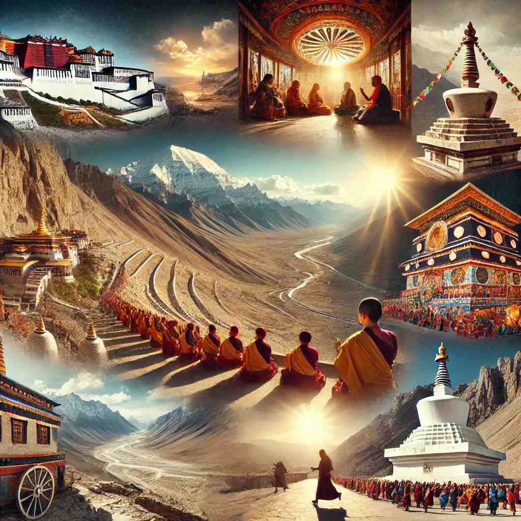 Buddhist monks walking and praying around Mount Kailash with monasteries and stupas on the trail.