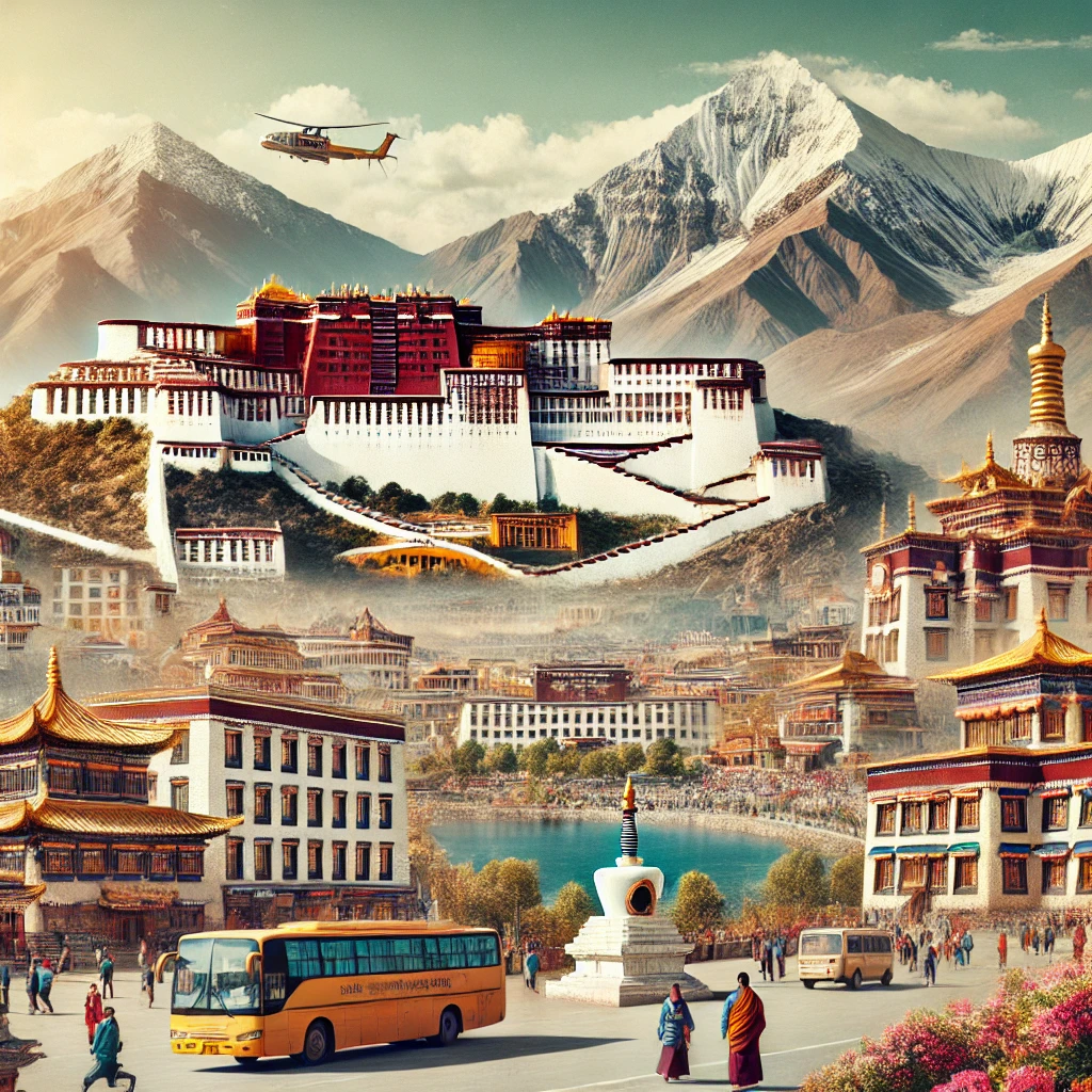Kailash to Lhasa tour view with Himalayan backdrop and iconic Tibetan monasteries under blue skies.