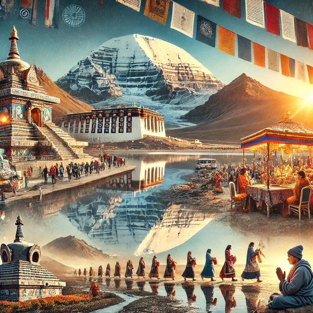 Pilgrims on Kailash Yatra trek through rugged Himalayan terrain with views of snow-capped peaks.