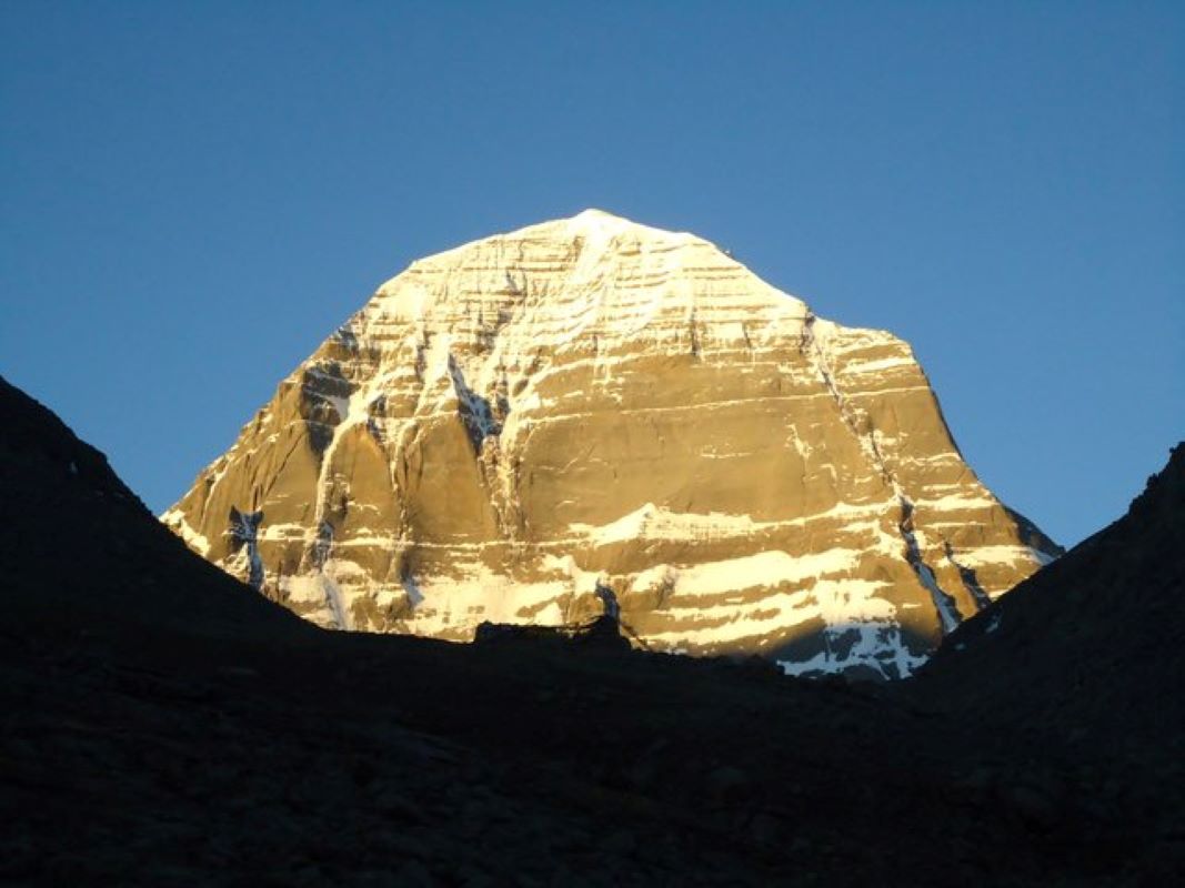 Sunlit Himalayan mountain near Lhasa on Mansarovar route