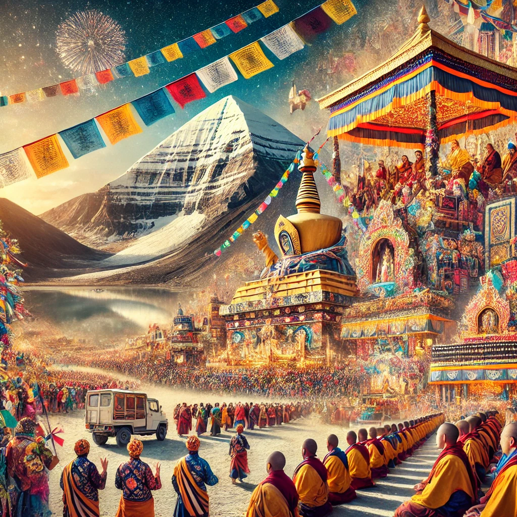 Saga Dawa Festival at Mount Kailash with monks, pilgrims, vibrant rituals, and prayer flags flying