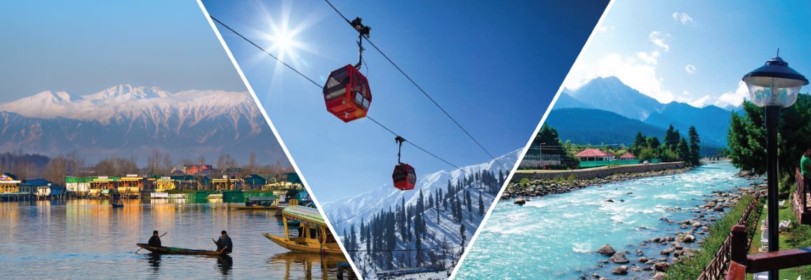 Collage of Kashmir attractions including Dal Lake, Gulmarg cable car, and Pahalgam riverside with snowy peaks and pine trees.